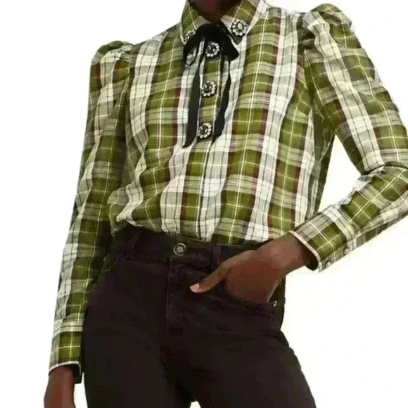 River Island Plaid Crystal Button Cotton Blend Shirt Light Green Size S - Picture 4 of 4